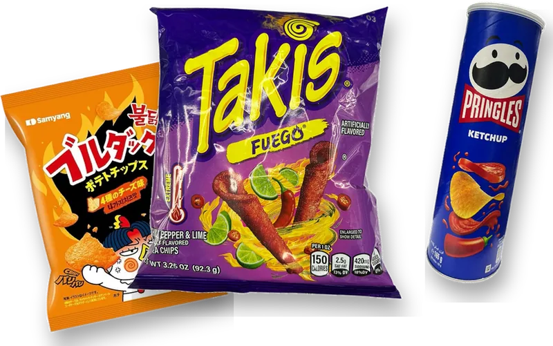 Takis Fuego, Buldak chips and Pringles Ketchup
